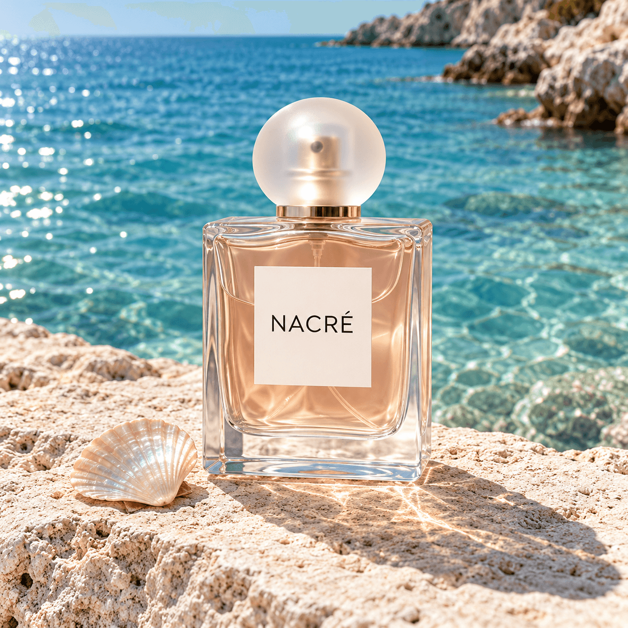 NACRÉ N° 01 eau de parfum on sunlit limestone beside a pearlescent shell and clear turquoise seawater