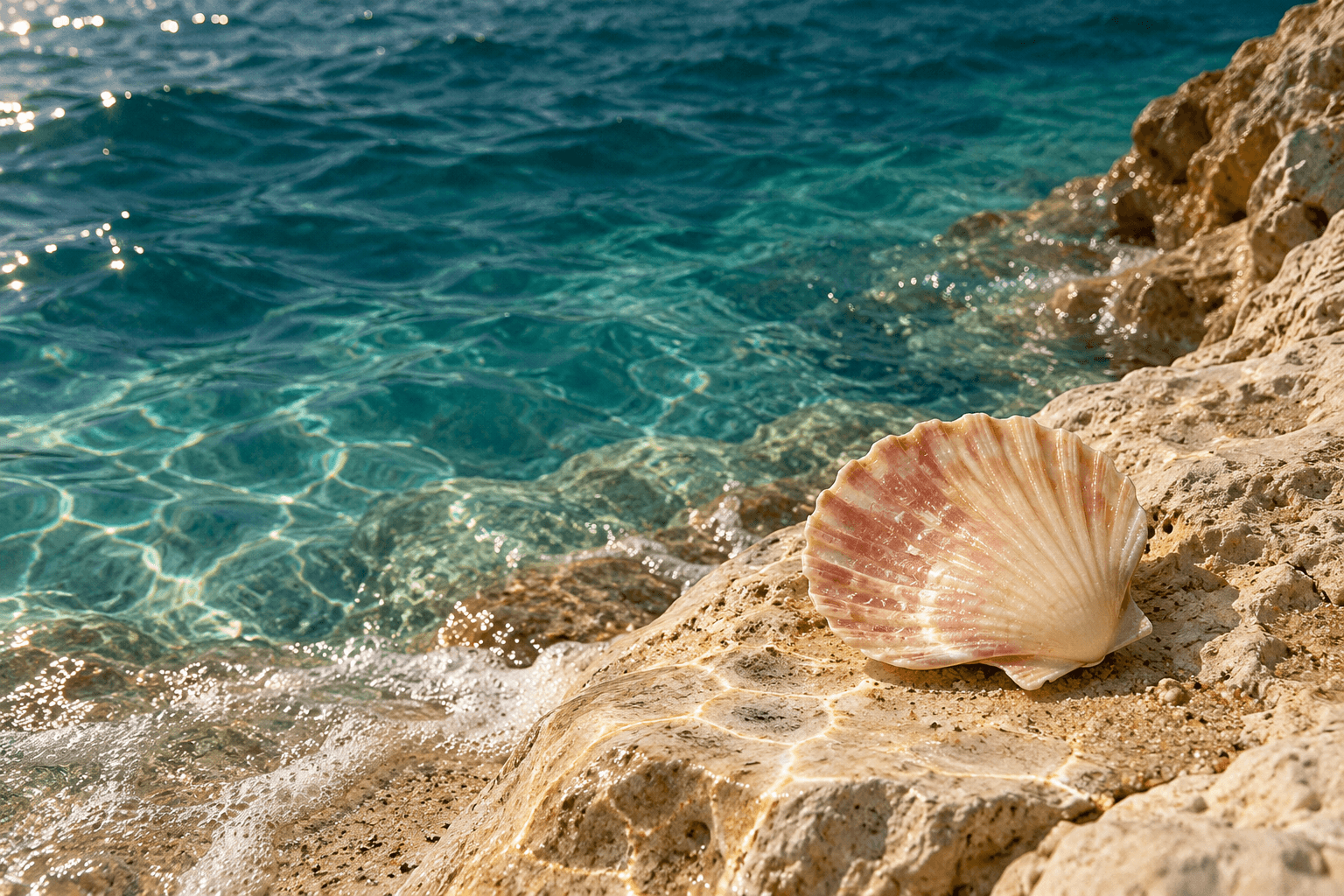 A pearlescent shell resting on sun-warmed limestone beside clear turquoise seawater